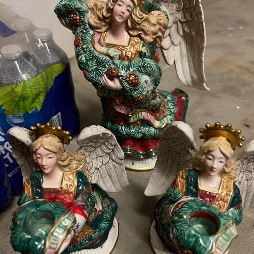 Fitz and Floyd Angelic Ceramic Candle Holders - Green, Red, Gold